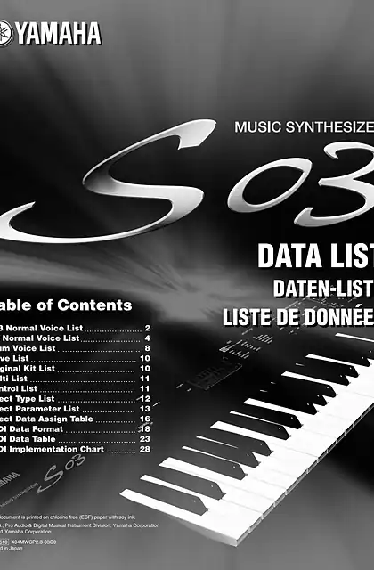 yamaha雅马哈S03SL Data List